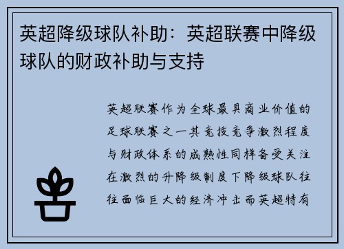 英超降级球队补助：英超联赛中降级球队的财政补助与支持